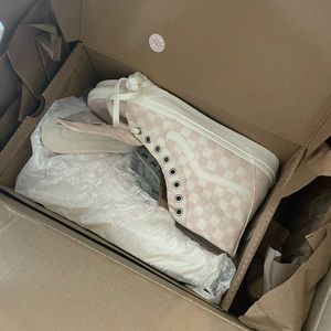 Vans SK8-Hi Tapered Eco Theory checkerboard shoes in pink, womens 10.5